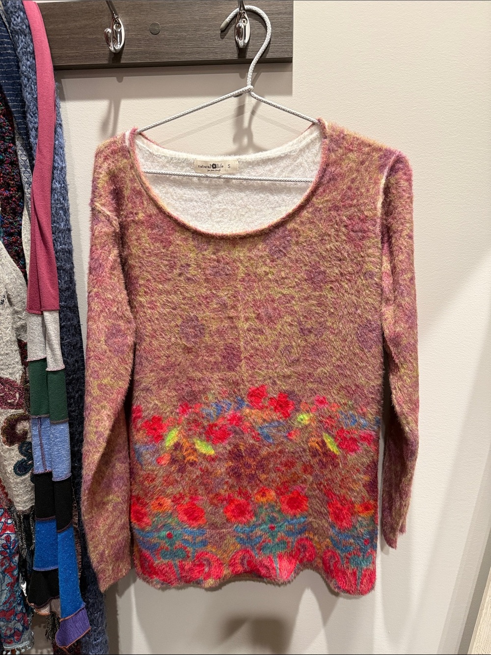 NATURAL LIFE Pink Mohair-Blend Scoop Neck Sweater with Floral Border